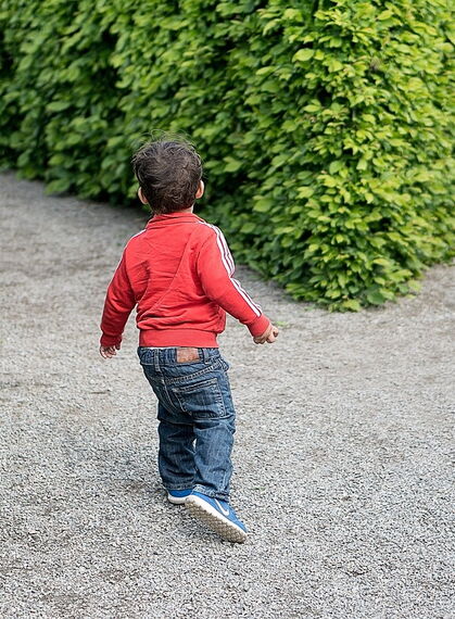 Ein kleiner Junge mit roter Joggingjacke, Jeans und Turnschuhen läuft in einen Weg in einem Heckenlabyrinth.