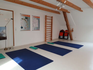 Ein weißgestrichener Raum mit drei Gymnastikmatten auf dem Boden. An der Wand sind zwei Feldenkrais-Poster und daneben eine Sprossenwand.